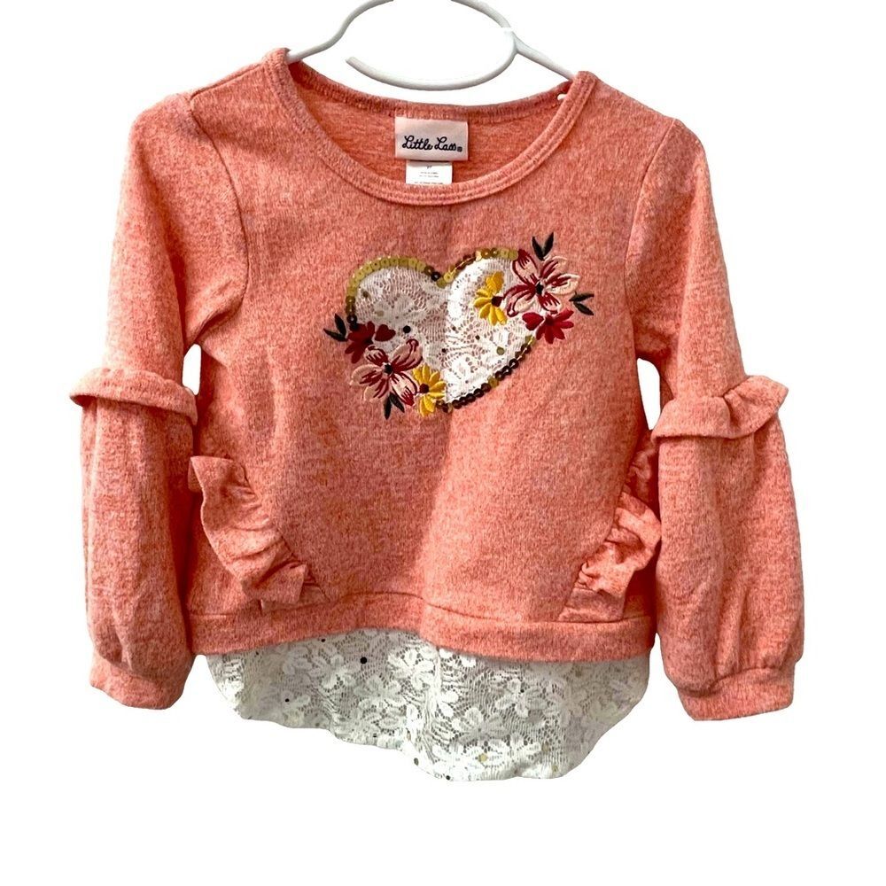 Little Lass Top Pink Ivory Lace Heart Gold Sequins Long Sleeve Girl’s Size 3T